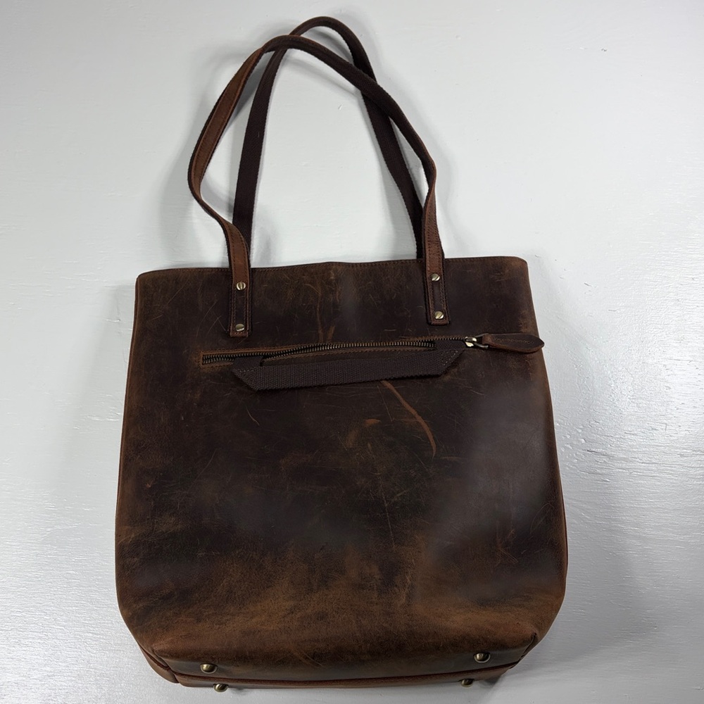 S-Zone Distressed Leather Tote Bag Brown Laptop Work Bag + Card Holder - Picture 7 of 13